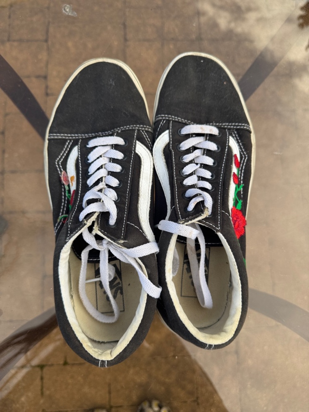 Vans Black Canvas Sneakers with White Stripe and Red Floral Embroidery